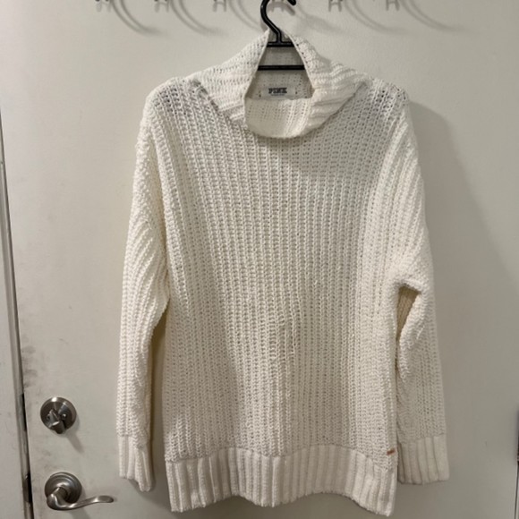 PINK Womens White Mock Neck White Ribbed Hem Open Knit Oversized Sweater Size XS - Picture 3 of 9